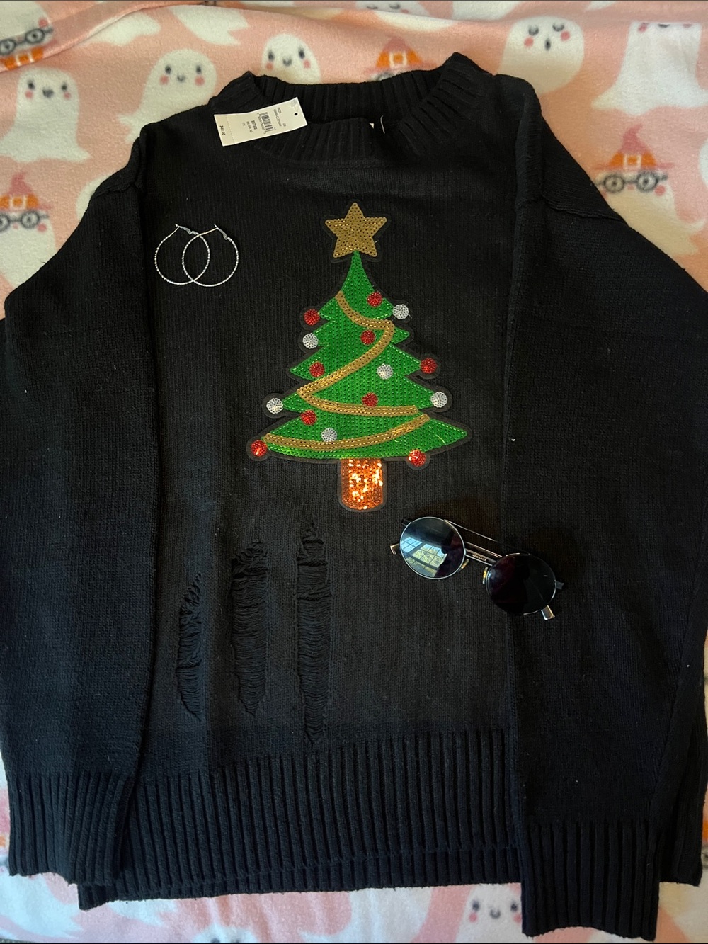 New York Laundry Black Sequin Christmas Tree Crewneck Sweater